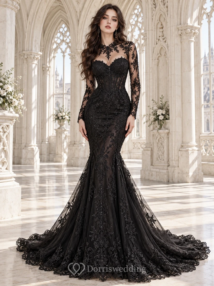 Robe de soirée sirène gothique noire à col montant et manches longues en dentelle