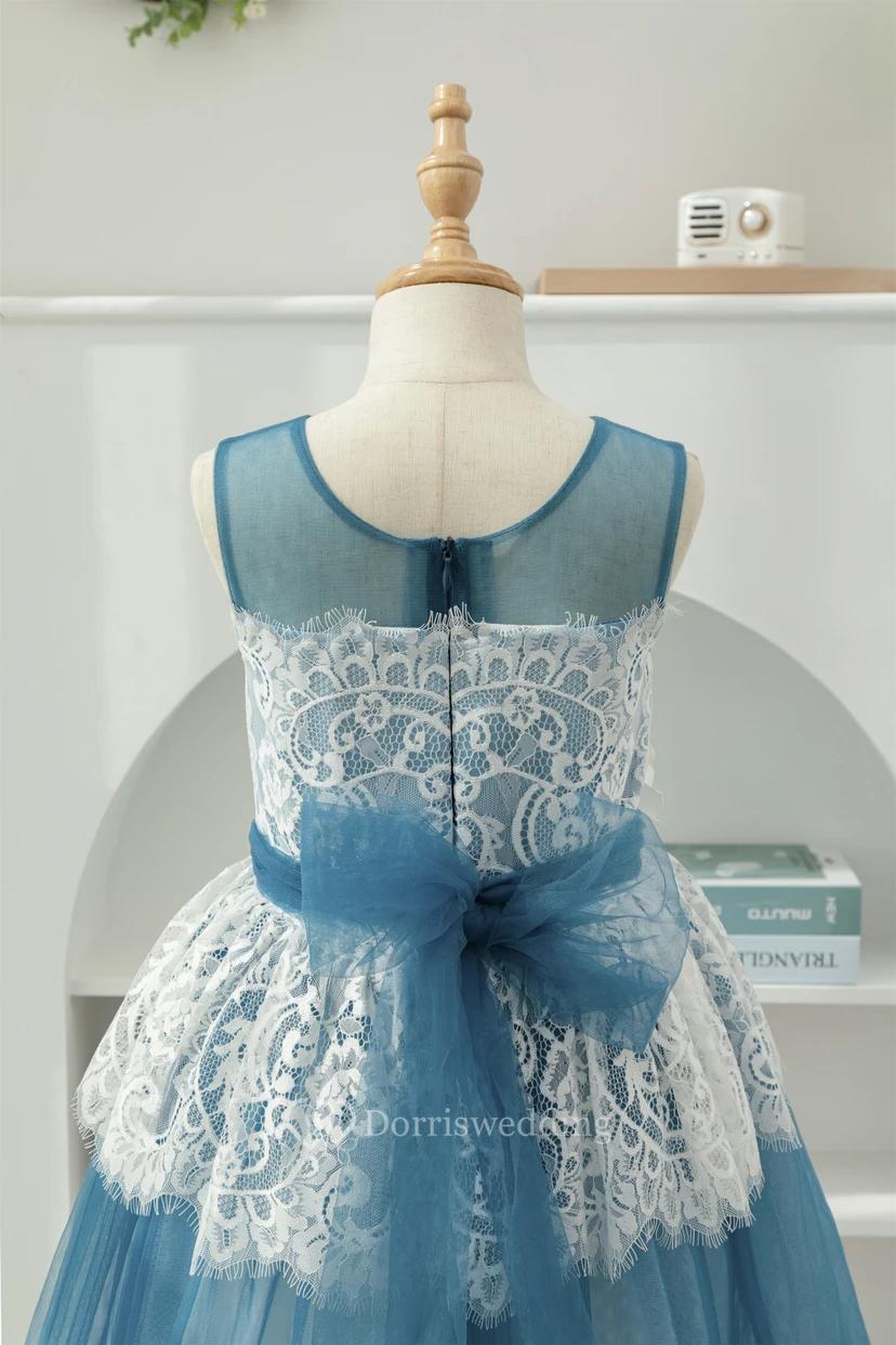 Lace Two-Tone White and Blue Ball Gown Flowergirl Dress with Petals view 7