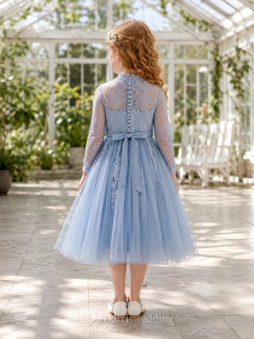 Elegantes, schieferblaues, teelanges A-Linien-Kleid aus Tüllspitze mit hohem Kragen und langen Ärmeln für Blumenmädchen view 2