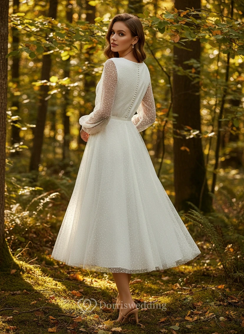 Robe de mariée champêtre vintage à manches longues et paillettes, longueur thé view 2
