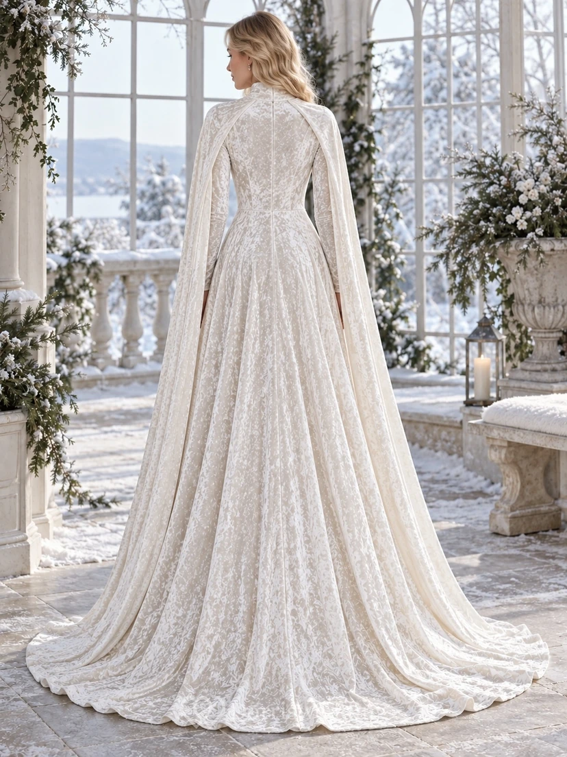 Vestido de novia tipo capa de corte A, modesto, de cuello alto y manga larga, de terciopelo con estampado floral. view 2