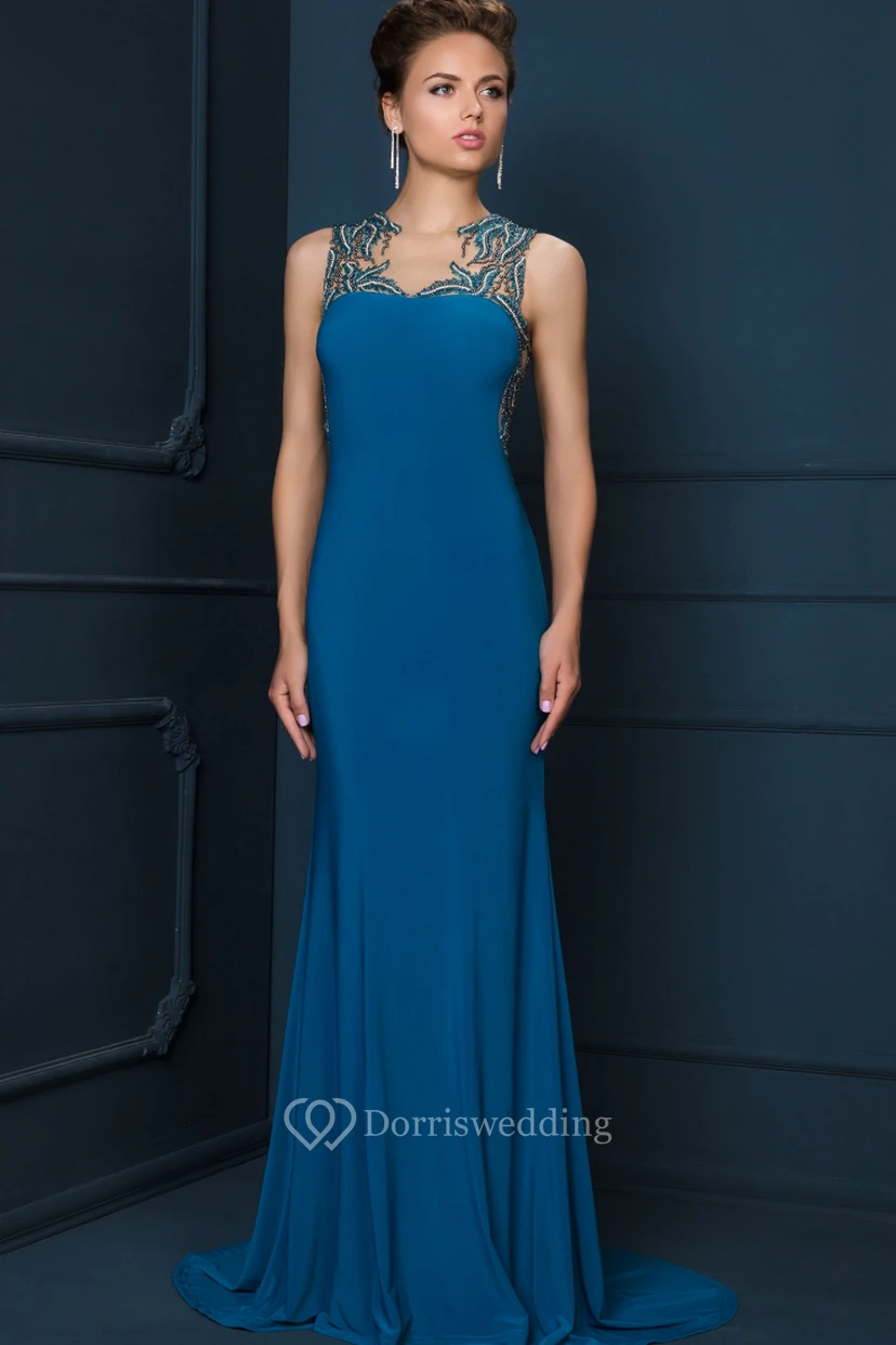Sheath Maxi Sleeveless Jewel-Neck Beaded Jersey Evening Dress view 3