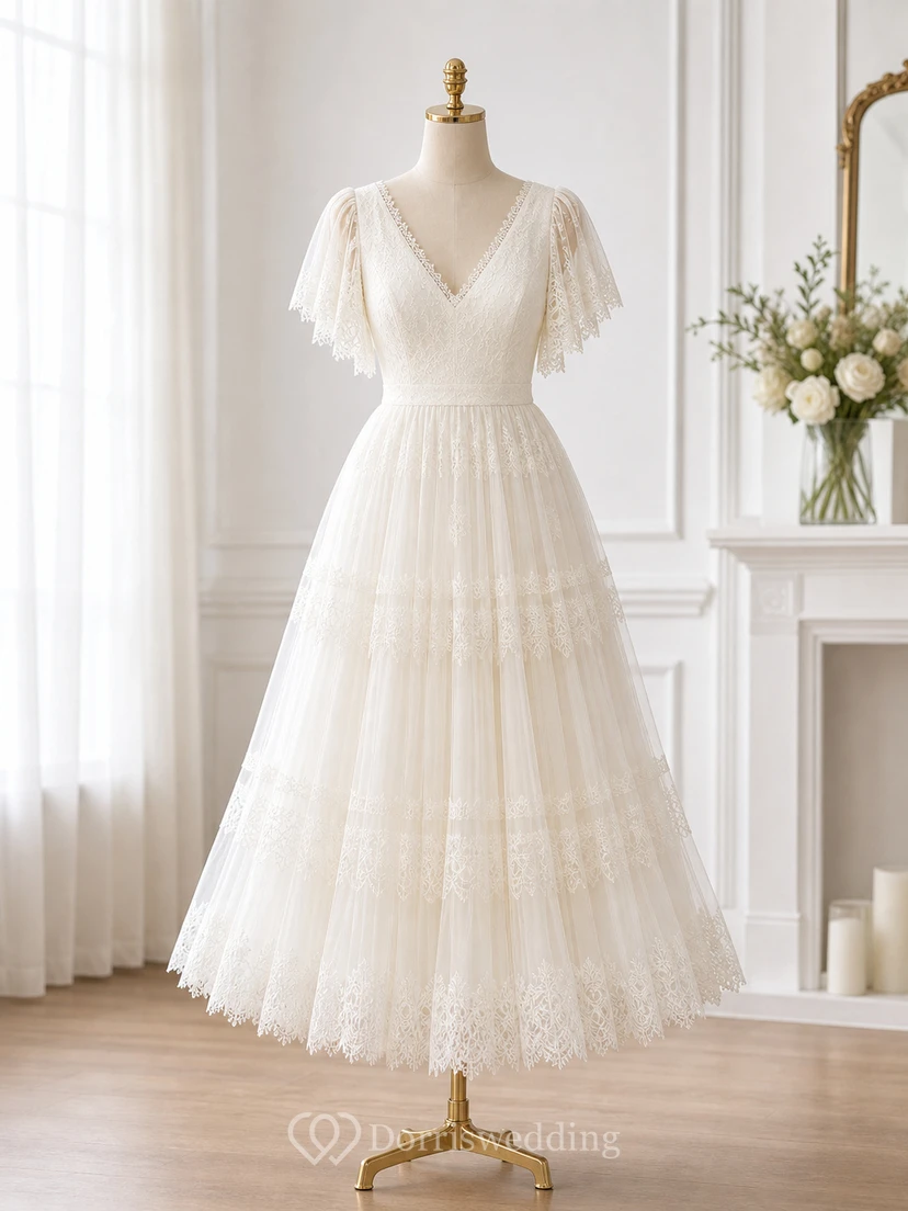 Teelanges Boho-Brautkleid mit flatternden Spitzenärmeln, V-Ausschnitt und gestuftem Tüllrock view 7