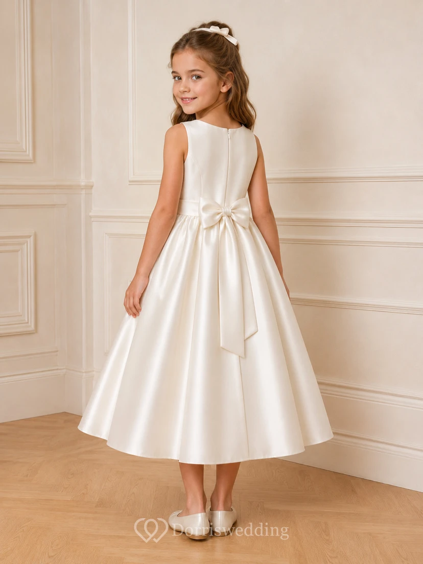 Robe de demoiselle d'honneur mi-longue en satin ivoire avec nœud view 2