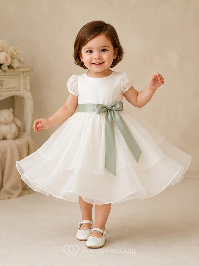 Baby Baptism Christening Ceremony Dress A-Line Tea-Length Jewel Neck Cap Sleeve Tulle Ribbon Sash Bow Back Button Back