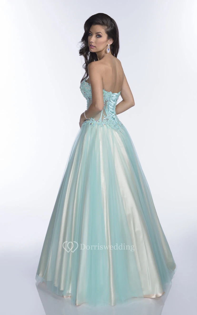 Sweetheart Tulle A-Line Gown With Lace Appliques And Lace-Up Back view 2