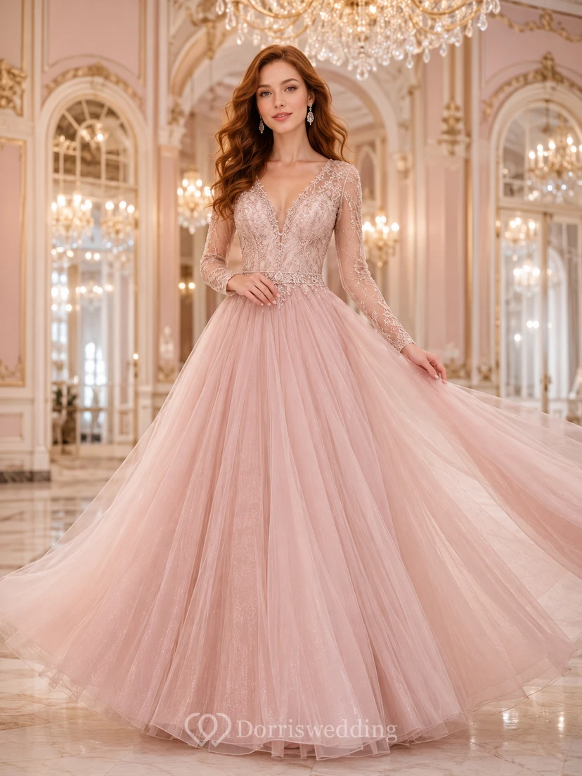 Blush Long Sleeve Lace Bodice Tulle Ball Gown Dress