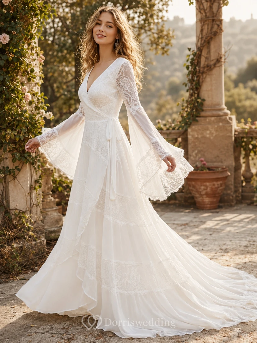 Long Bell Sleeve Lace A-Line Wedding Dress with Ruffle Drape