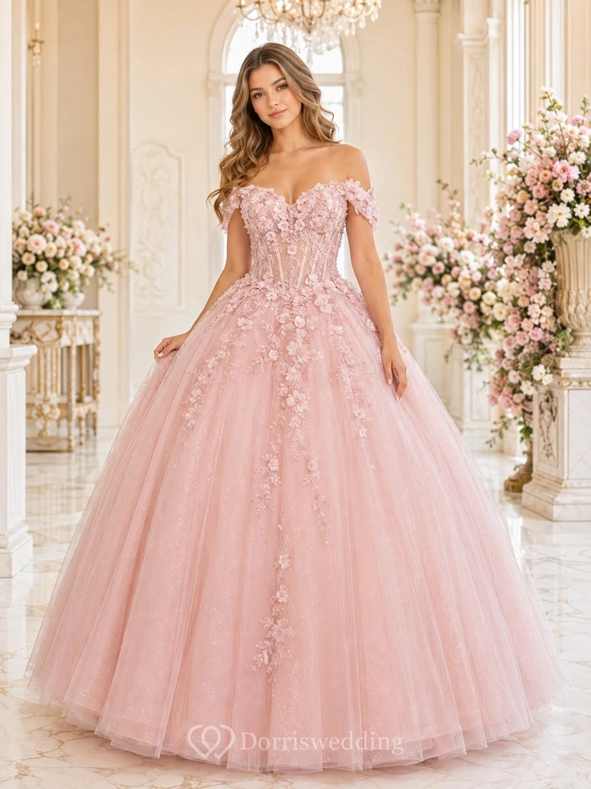 Blush Off Shoulder Floral Tulle Ball Gown Quinceanera Formal Reception Dress