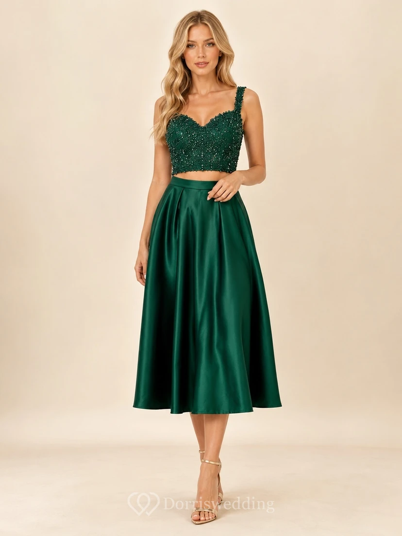 Emerald Two Piece Homecoming Set with Beaded Crop Bodice Strappy Neckline Satin Midi Skirt and A-Line Shape