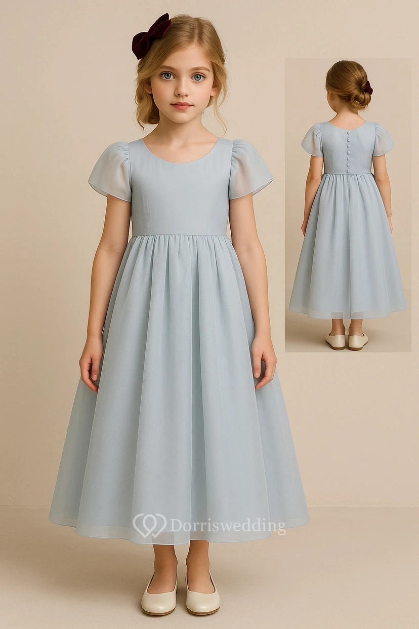 Cap Scoop-neck Satin A-line Tea-length Flowergirl Dress
