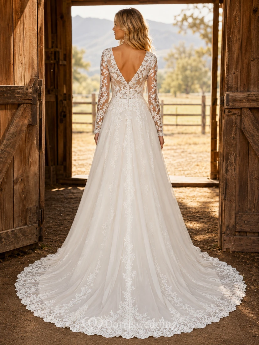 Brautkleid im Landhausstil mit Spitze, A-Linie, herzförmigem Schnitt, langen Ärmeln, Schleppe und tiefem V-Ausschnitt am Rücken view 2