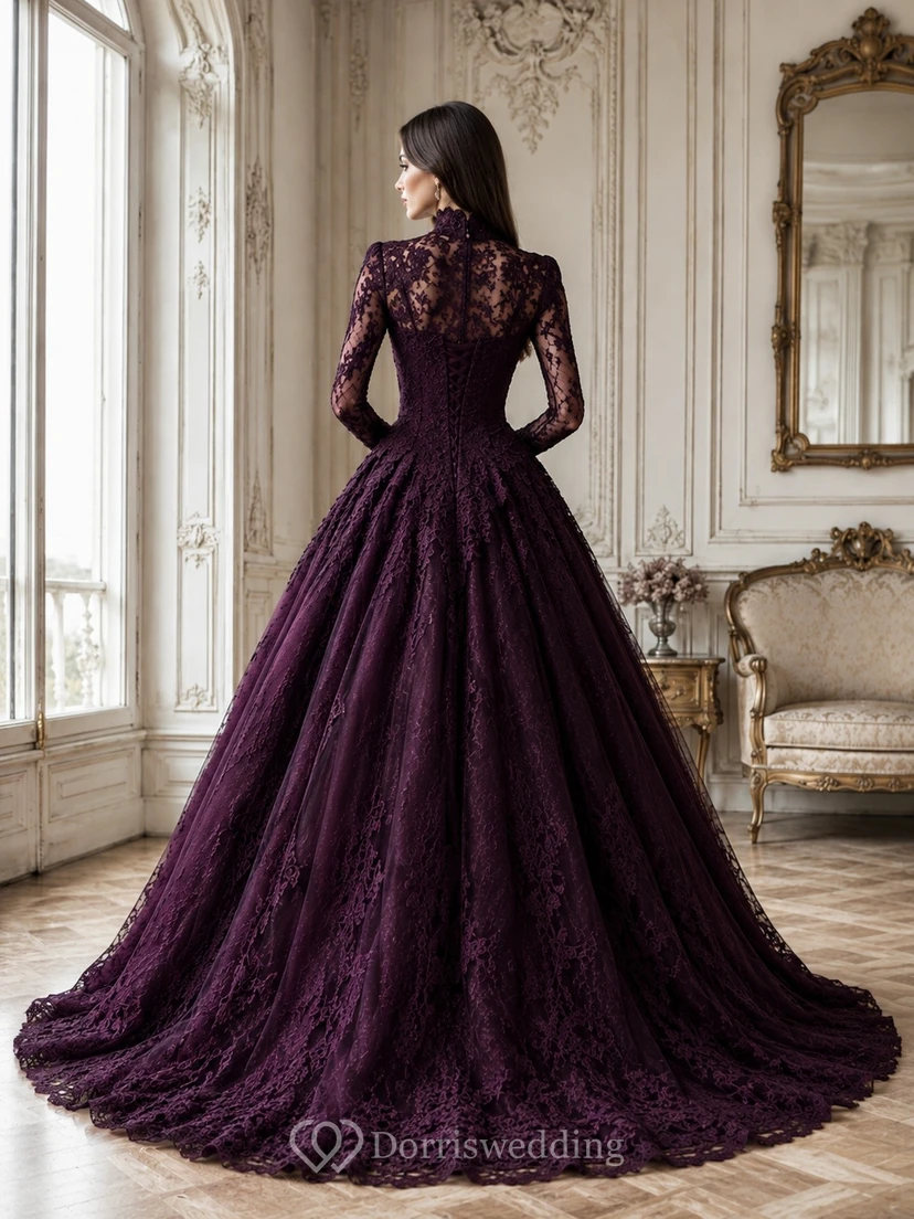 Plum High-Neck Long-Sleeve Lace-Tulle Ball Gown Floor-Length Gothic Dress view 2