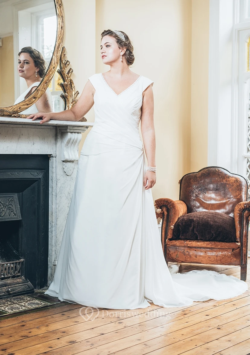 A-Line Floor-Length V-Neck Sleeveless Chiffon Court Train Low-V Back Side Draping Dress