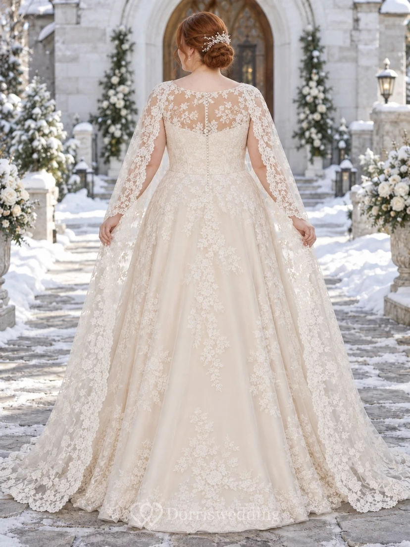 Vestido de novia de talla grande con manga larga, encaje floral y capa, corte A view 2