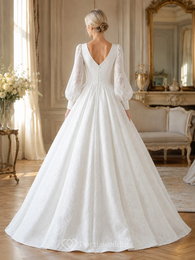 V-neck Poet Sleeve Tulle A-Line Chapel Train Elegant Bridal Dress view 2