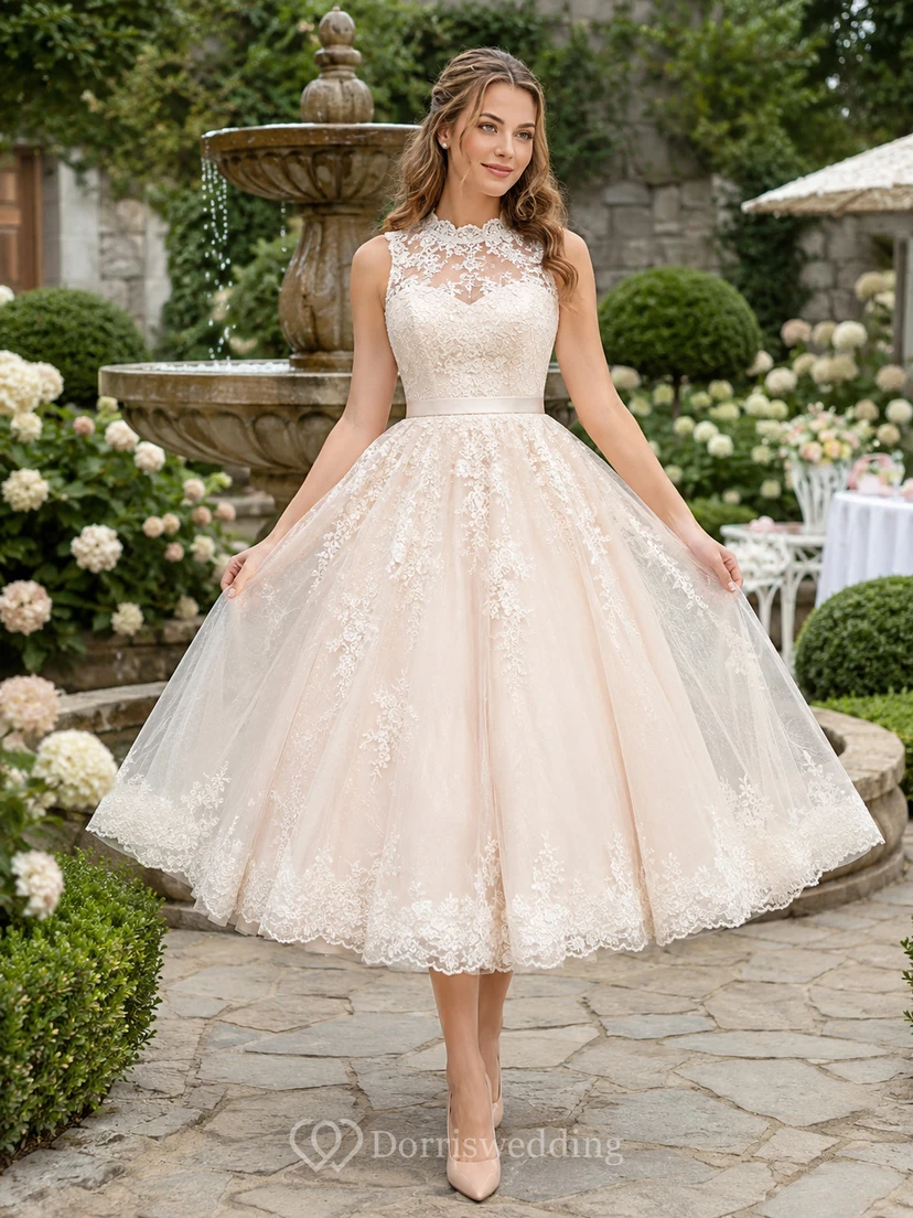 Ärmelloses Brautkleid aus Spitze im Stil der 1950er Jahre mit hohem Kragen und Teelänge