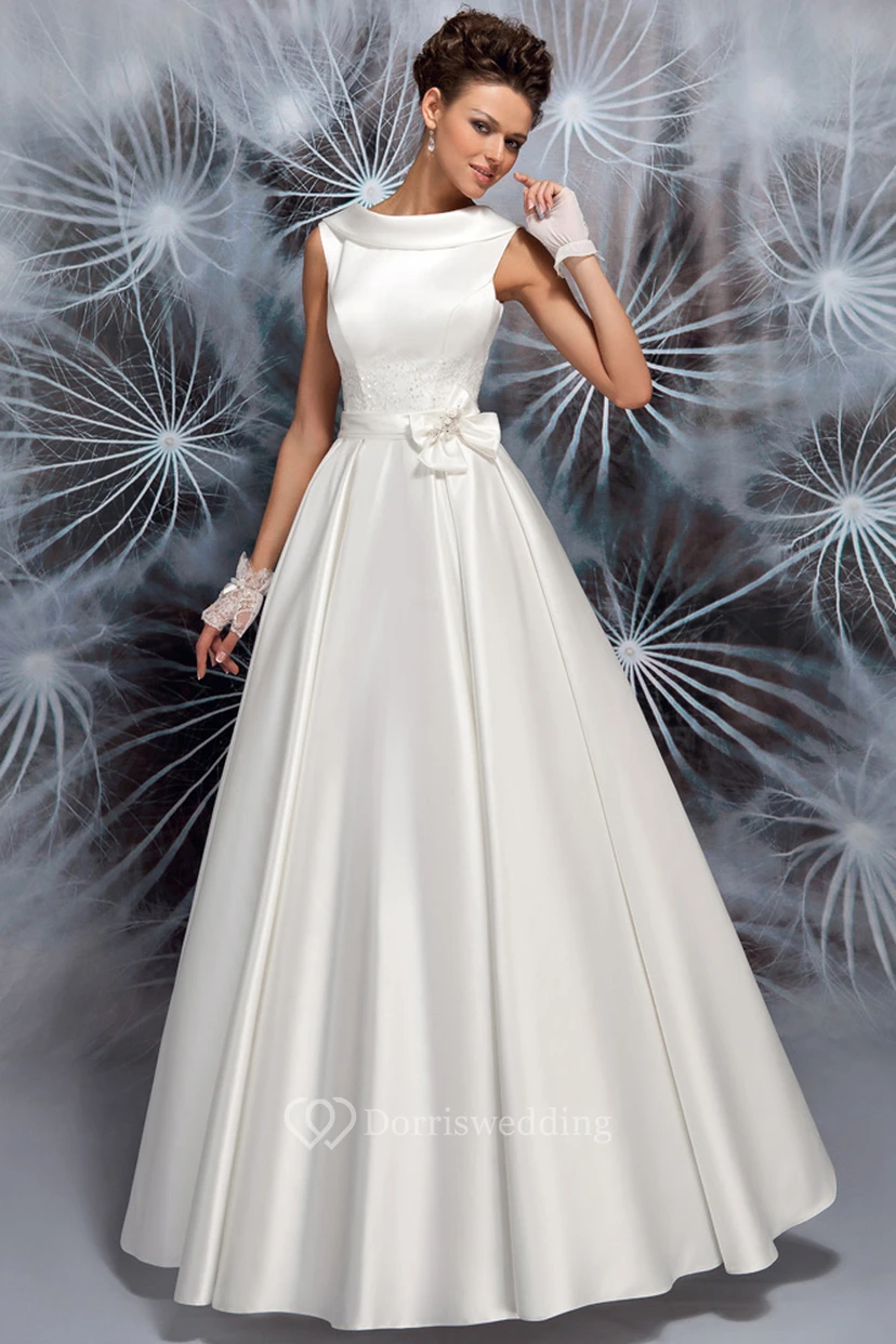A-Line Floor-Length Bowed Sleeveless Satin Wedding Dress With Beading