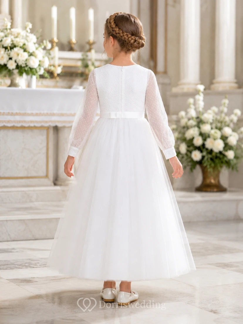 Langes, transparentes Tüllkleid mit Ärmeln für Kommunion, Blumenmädchen, schlichtes Kirchenkleid view 2