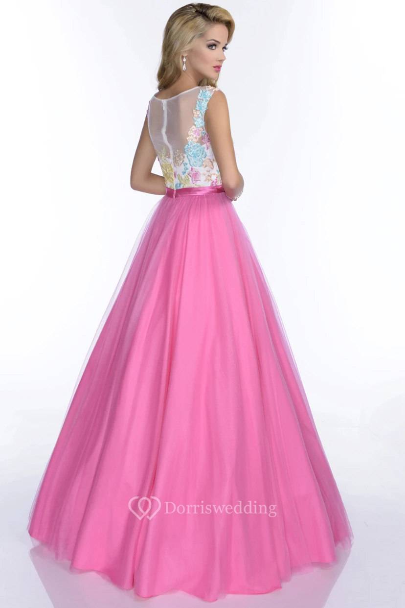 Embroidered Bodice A-Line Tulle Prom Dress With Bateau Neck view 2