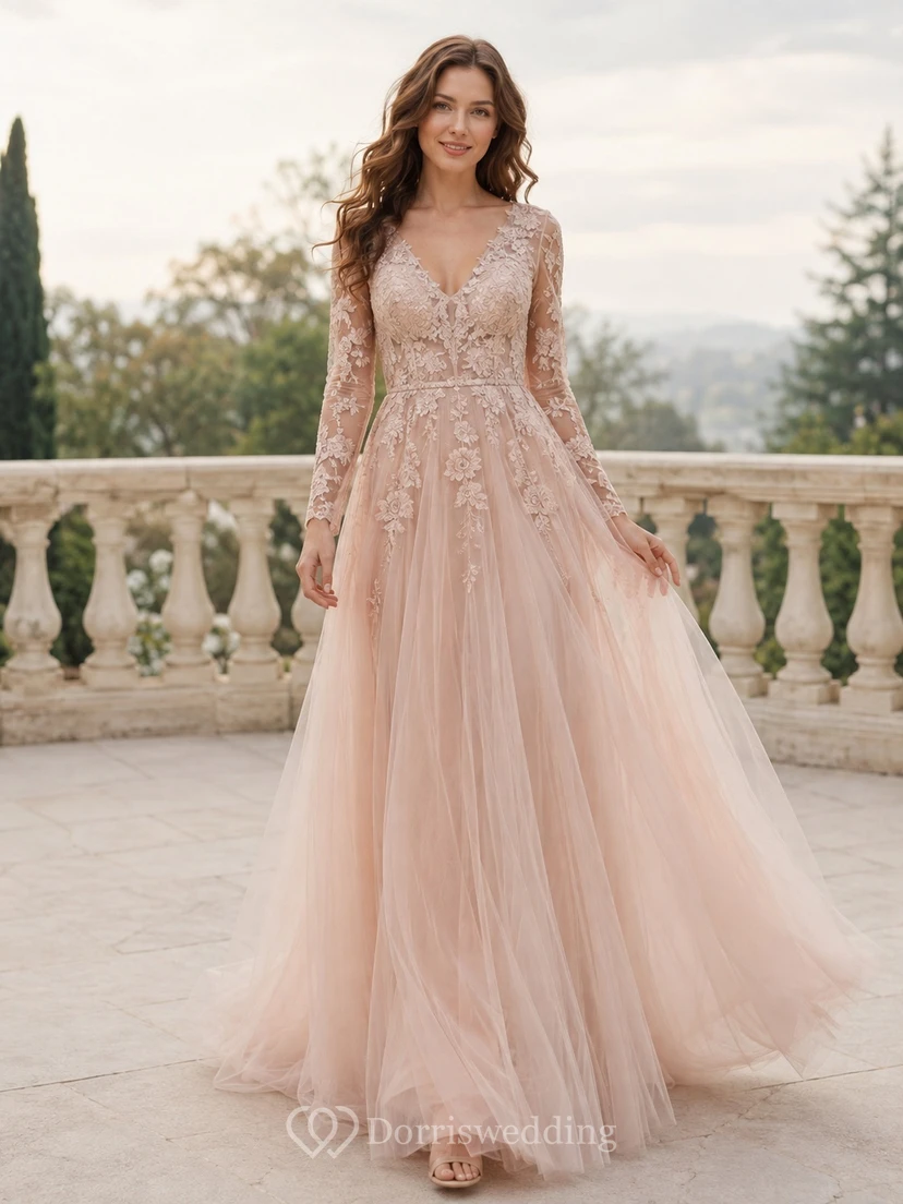 Blush Long Sleeve Deep V-Neck Applique Tulle A-Line Sweep Train Etheral Gown