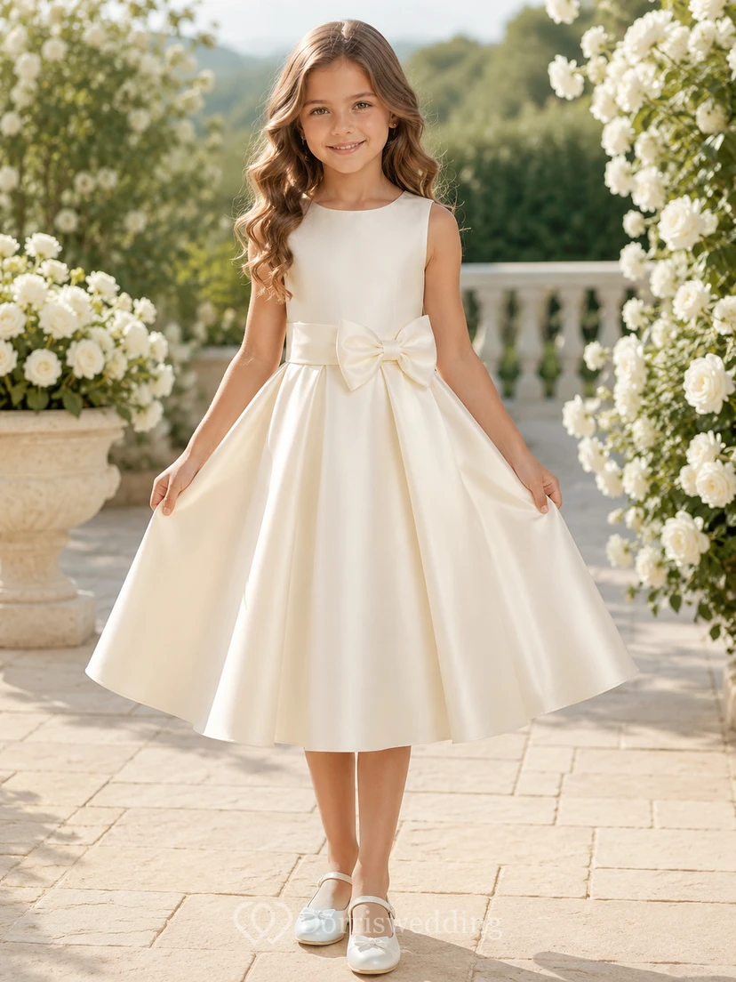 Blumenmädchenkleid aus elfenbeinfarbenem Satin, A-Linie, Rundhalsausschnitt, Teelänge, Schleife am Rücken