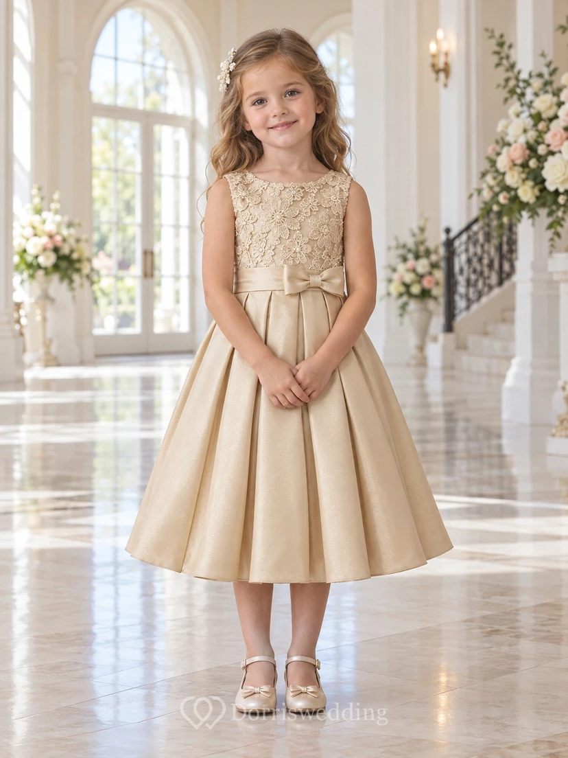 Vestido de niña de flores vintage de satén, corte A, sin mangas, con estampado floral color champán y plisado, hasta la rodilla.