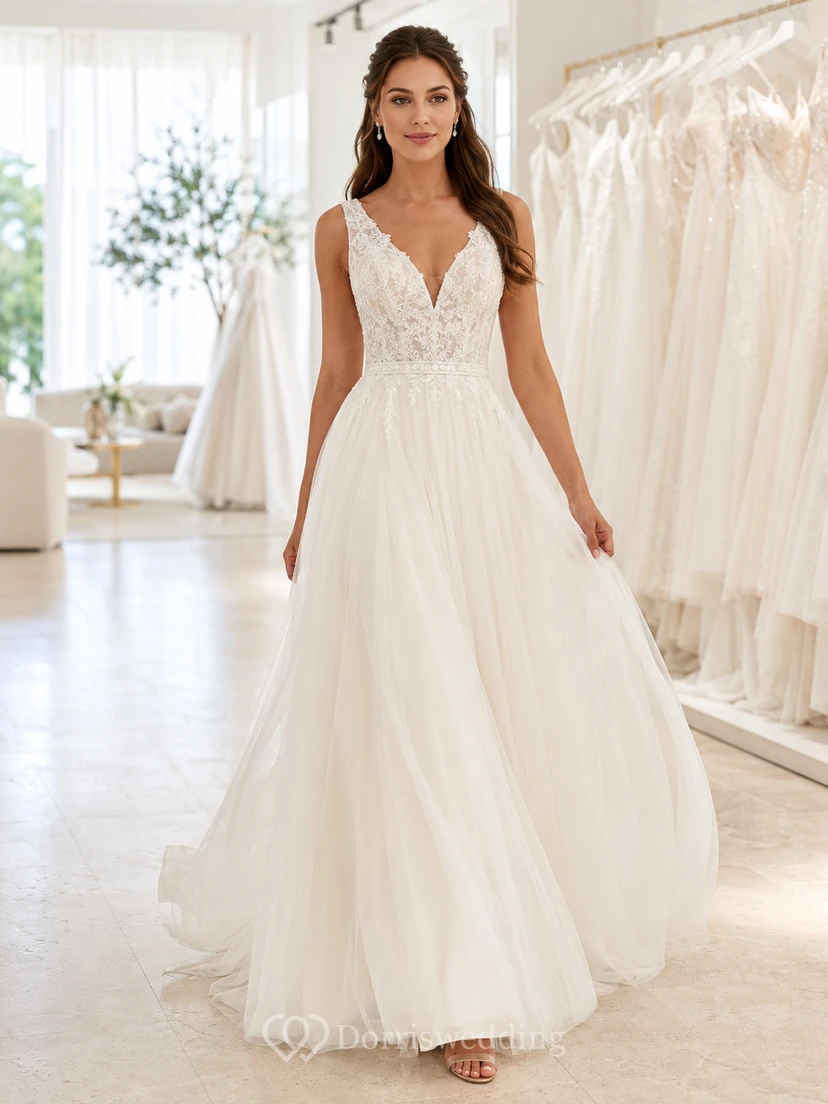 Budget V-Neck Lace Bodice Tulle A-Line Bridal Gown
