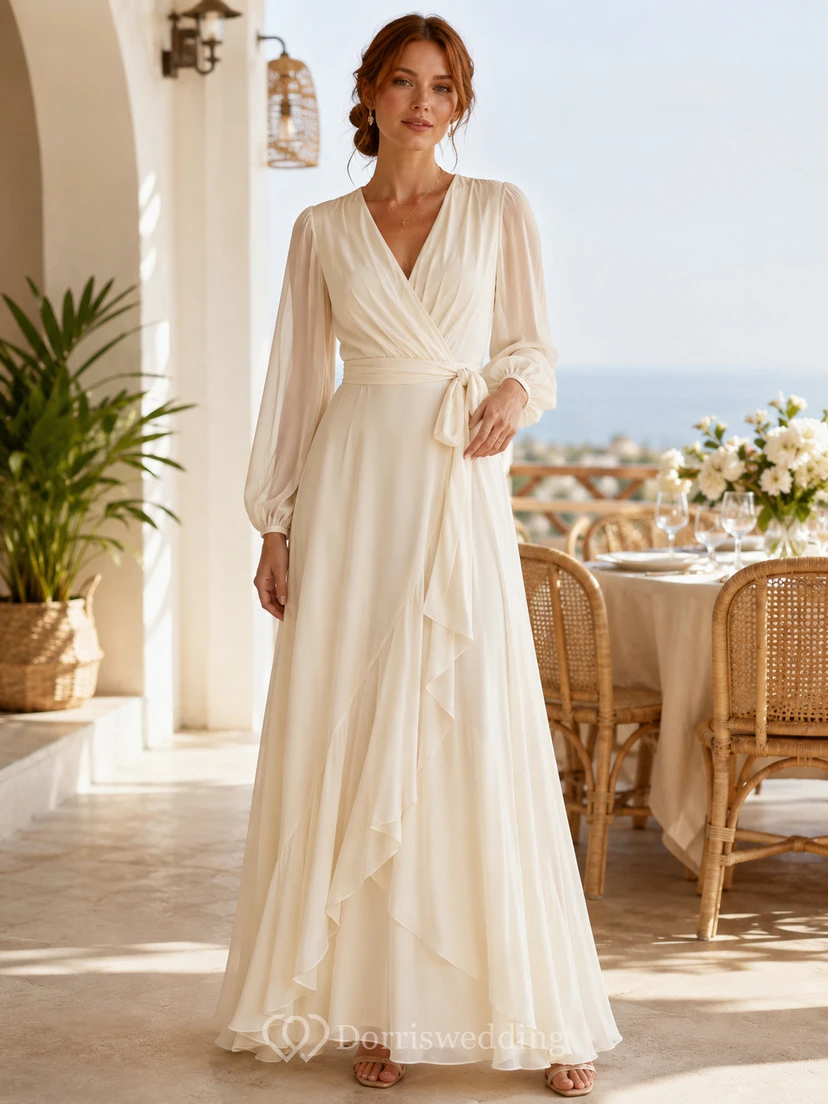 Robe longue trapèze à manches longues et col en V, style cache-cœur, idéale pour un brunch après le mariage.