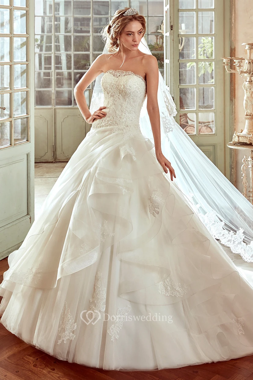 Strapless A-line Wedding Dress with Side Draping and Ruching Skirt 