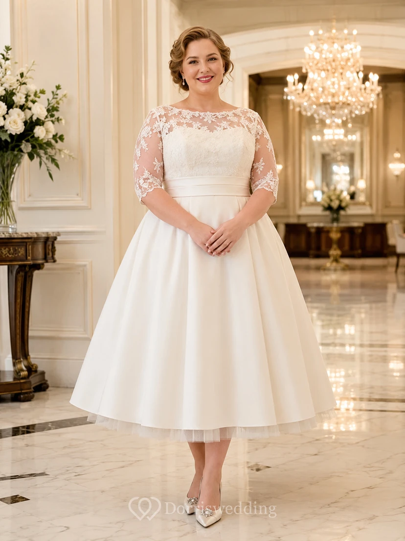 Modest Plus Size Tea-Length Bateau Three-Quarter Satin Vintage Wedding Dress