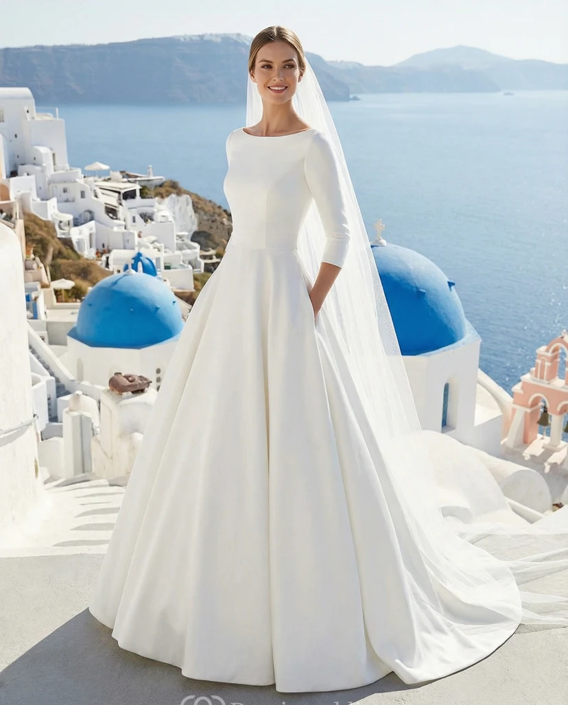 Boat Neck Plus Size Satin Wedding Gown with Pockets