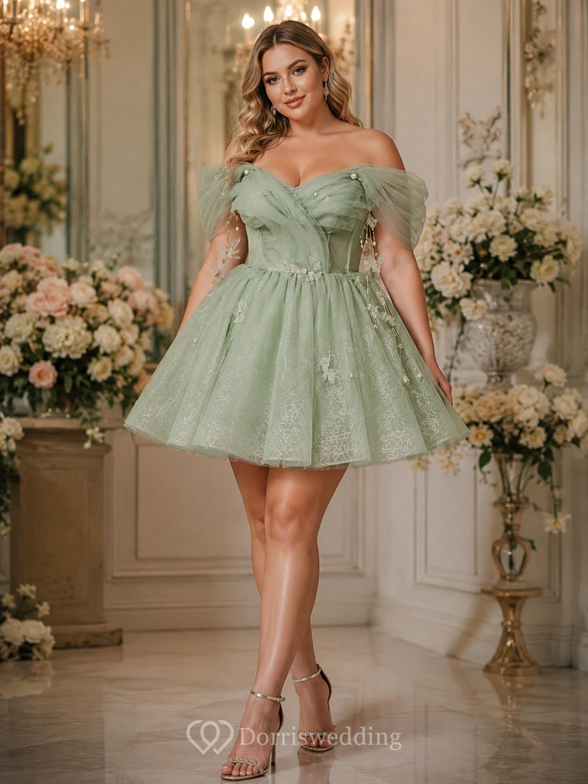 Sky Blue Off-the-Shoulder Tulle Dress with Lace view 4