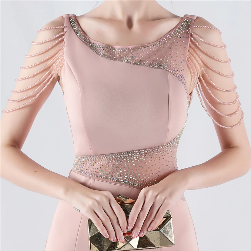 Heavy Hot Diamonds For Transparent Mesh High-Slit Satin Evening Dress Annual Meeting Wedding view 58