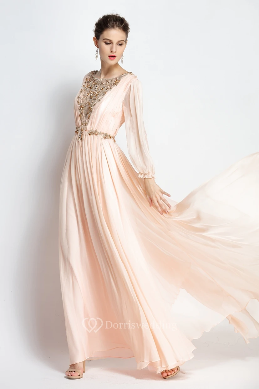 A-Line Floor-length Sweep Brush Train Bateau Chiffon Long Sleeve Prom Dress with Beading and Pleats view 3