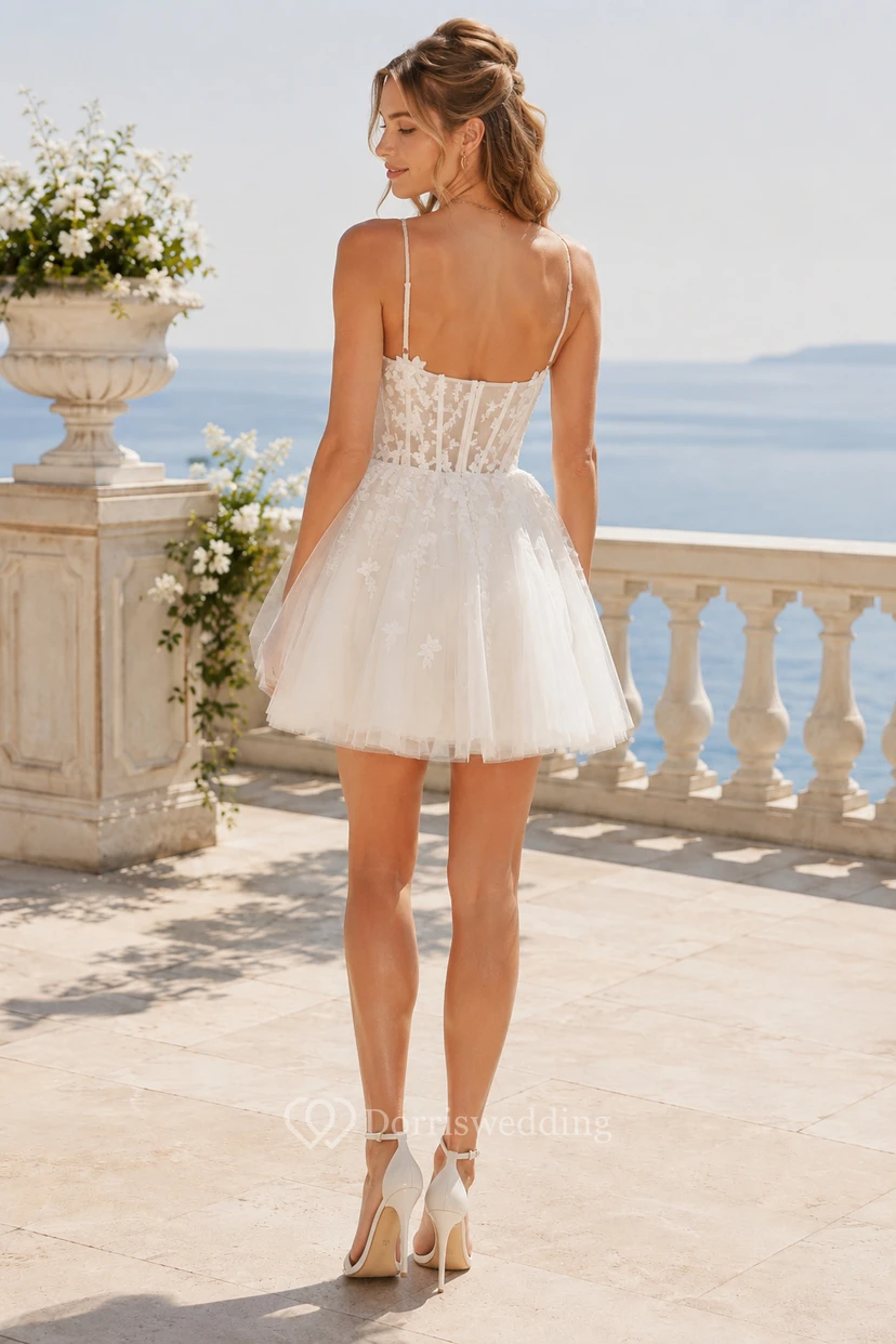 Ivory Spaghetti Strap Lace Tulle A-Line Short Wedding Dress view 2