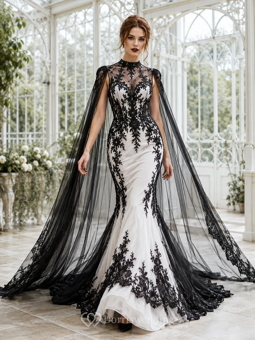 Schwarzes Brautkleid aus Spitze mit hohem Kragen, langen Ärmeln, Meerjungfrauenschnitt, Schleppe und Gothic-Cape