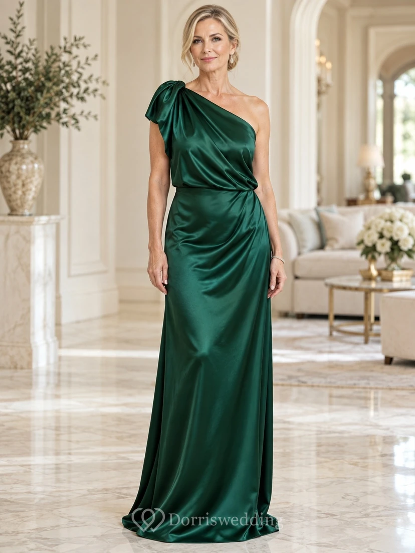 Smaragdgrünes, formelles, einseitig schulterfreies, ärmelloses, drapiertes Satin-Abendkleid in Bodenlänge