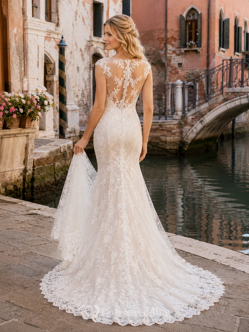 Robe de mariée sirène modeste à manches courtes en dentelle illusion bateau, coupe bateau view 2