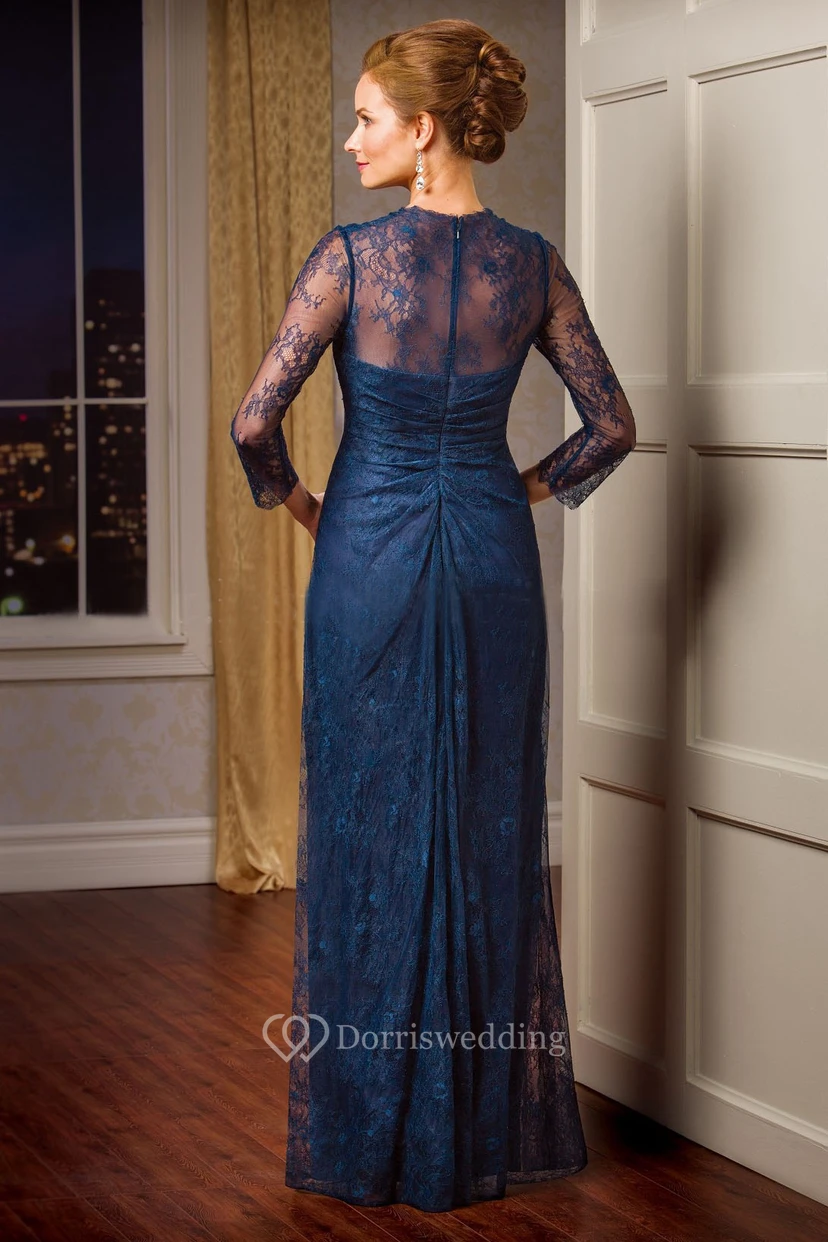3-4 Sleeved V-Neck Lace Mother Of The Bride Dress With Crystals And Illusion Style view 2