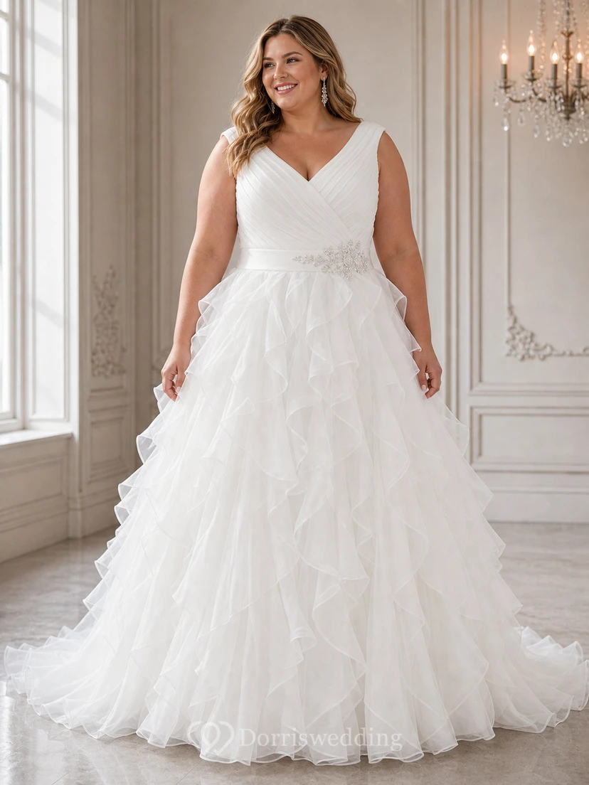 A-Linien-Brautkleid aus Organza mit kurzen Ärmeln, langem V-Ausschnitt, Raffungen, Rüschen und Stufen view 4