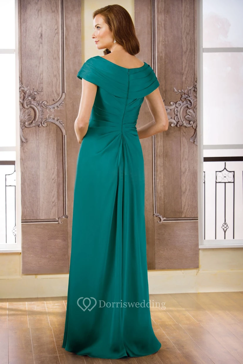 Cap-Sleeved Long Gown With Side Slit And Jeweled Neck view 2