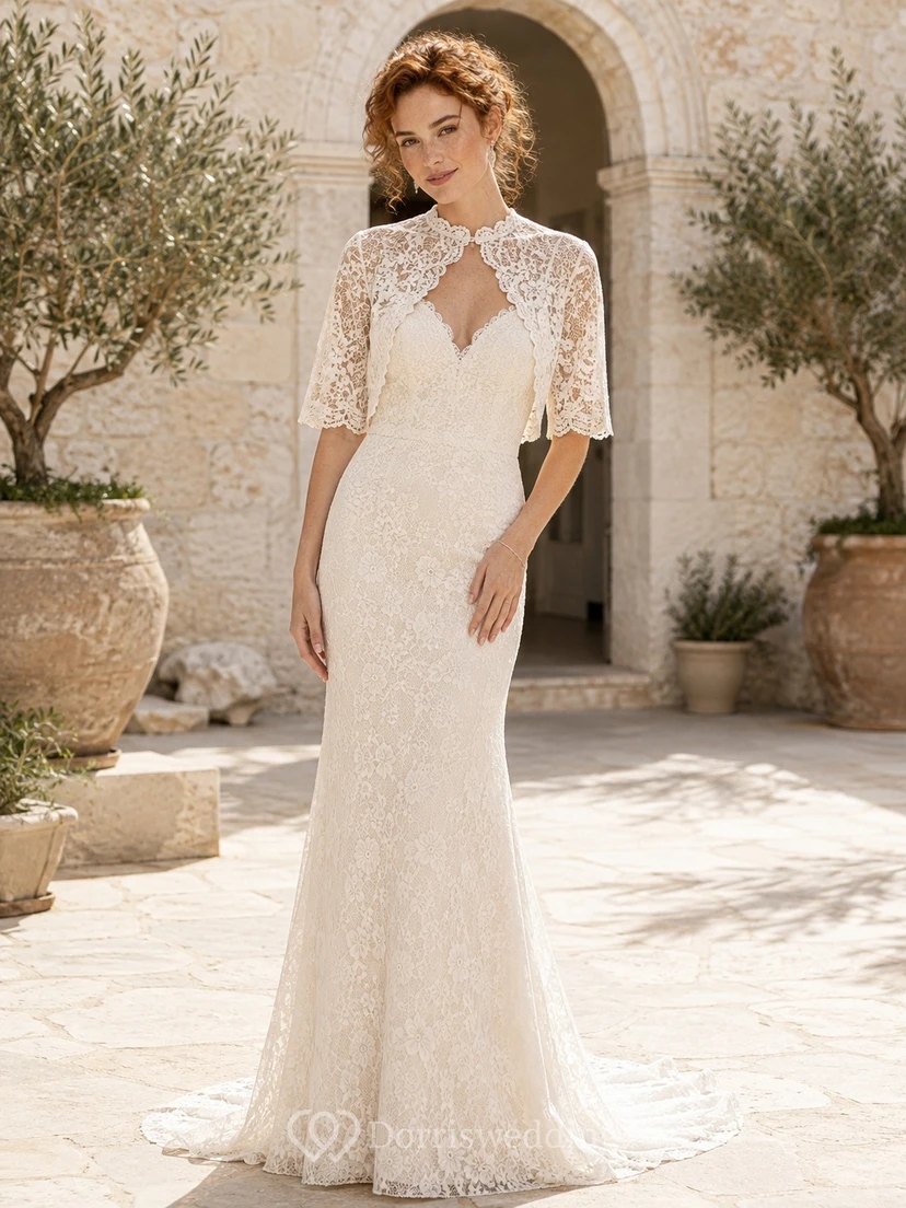 High Mermaid Long Sleeve Neck Refined Wedding Dress Lace