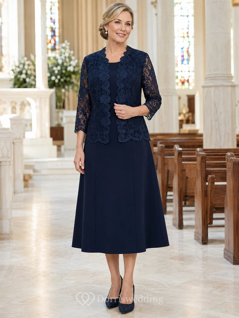 Navy Lace Jacket Knee Length Mother Formal Dress