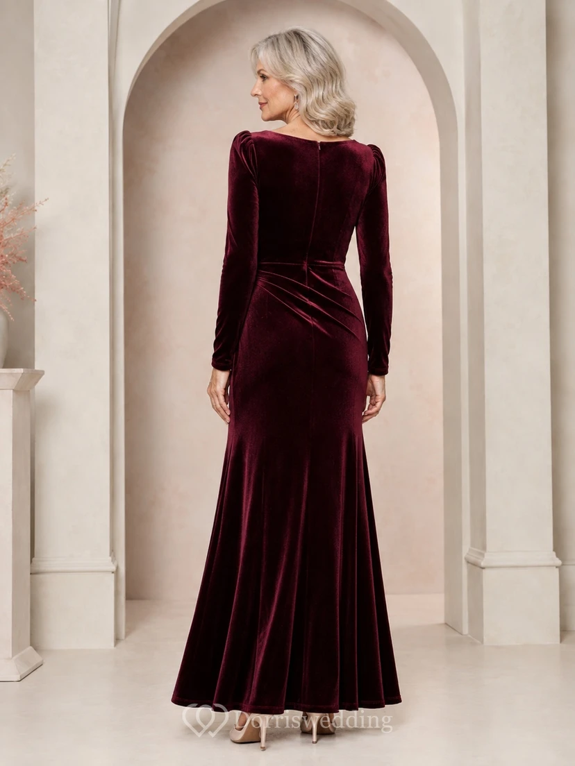 Burgundy Velvet Long Sleeve Jewel Neck Ruched Floor-Length Mermaid Mother Dress view 2