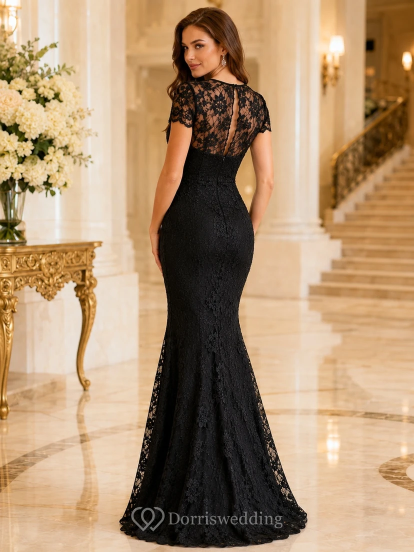 Black Lace Cap Sleeve Mermaid Floor-length Formal Evening Gown view 2