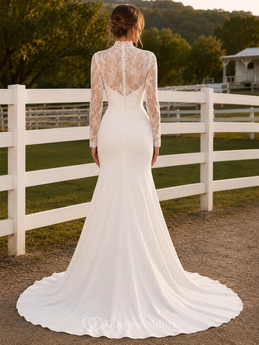 Robe de mariée de maternité, col carré, manches longues, dentelle, coupe trapèze, style champêtre view 2