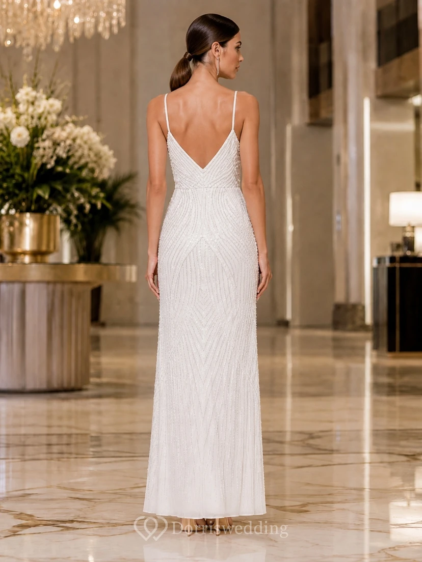 Vestido de noche formal ajustado, blanco, de jersey, con escote en V y abertura. view 2