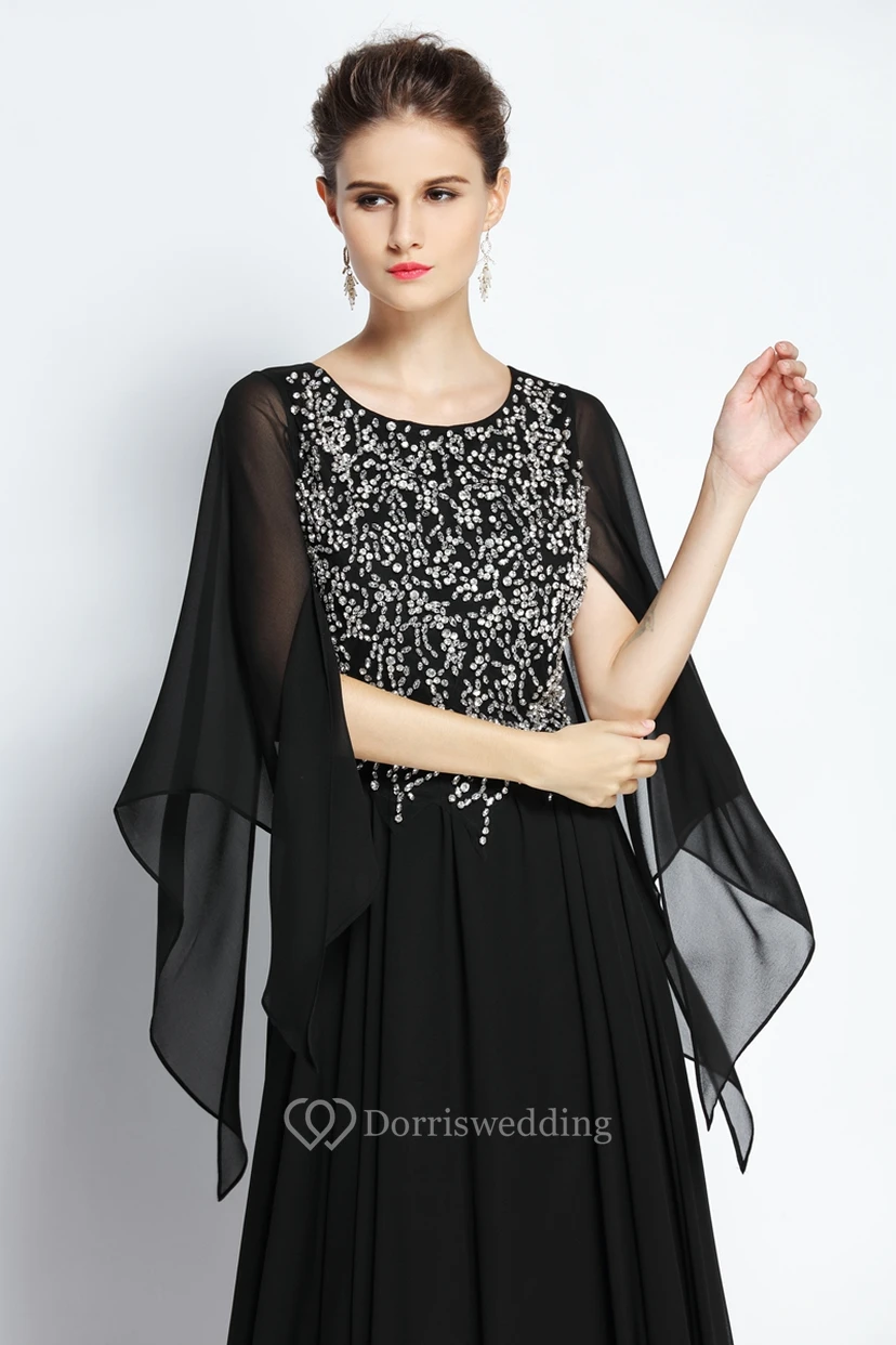 A-Linien-Abendkleid aus bodenlangem Chiffon mit langen Ärmeln, Perlenstickerei und Falten view 4