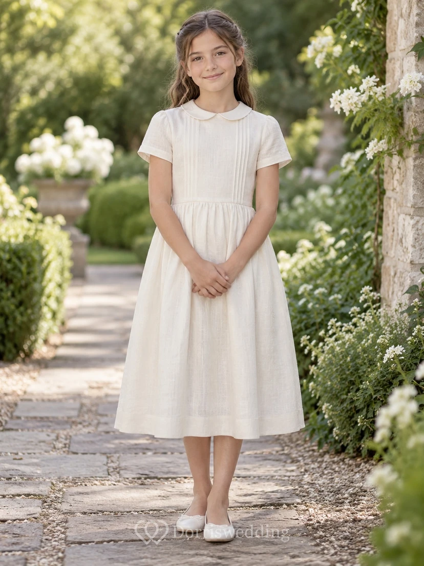 Simple Modest Ivory Tea-length Small Collar Short Sleeve Narrow Pintucked Flower Girl Dress